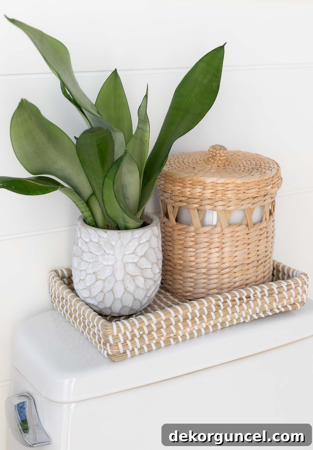 Effortless Bathroom Style for an Instant Update 5 Woven toilet tray with a healthy snake plant and holder on top of the toilet