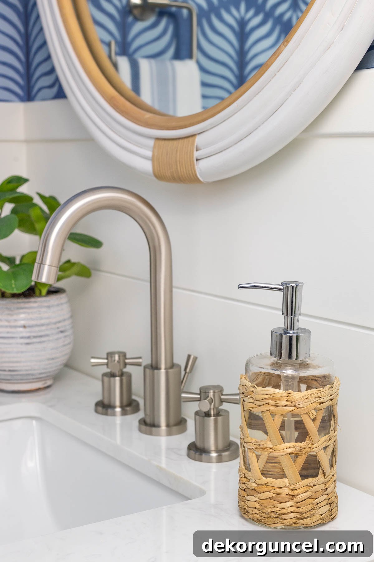 Effortless Bathroom Style for an Instant Update 6 Stylish rattan soap pump serving as elegant bathroom decor in a powder room