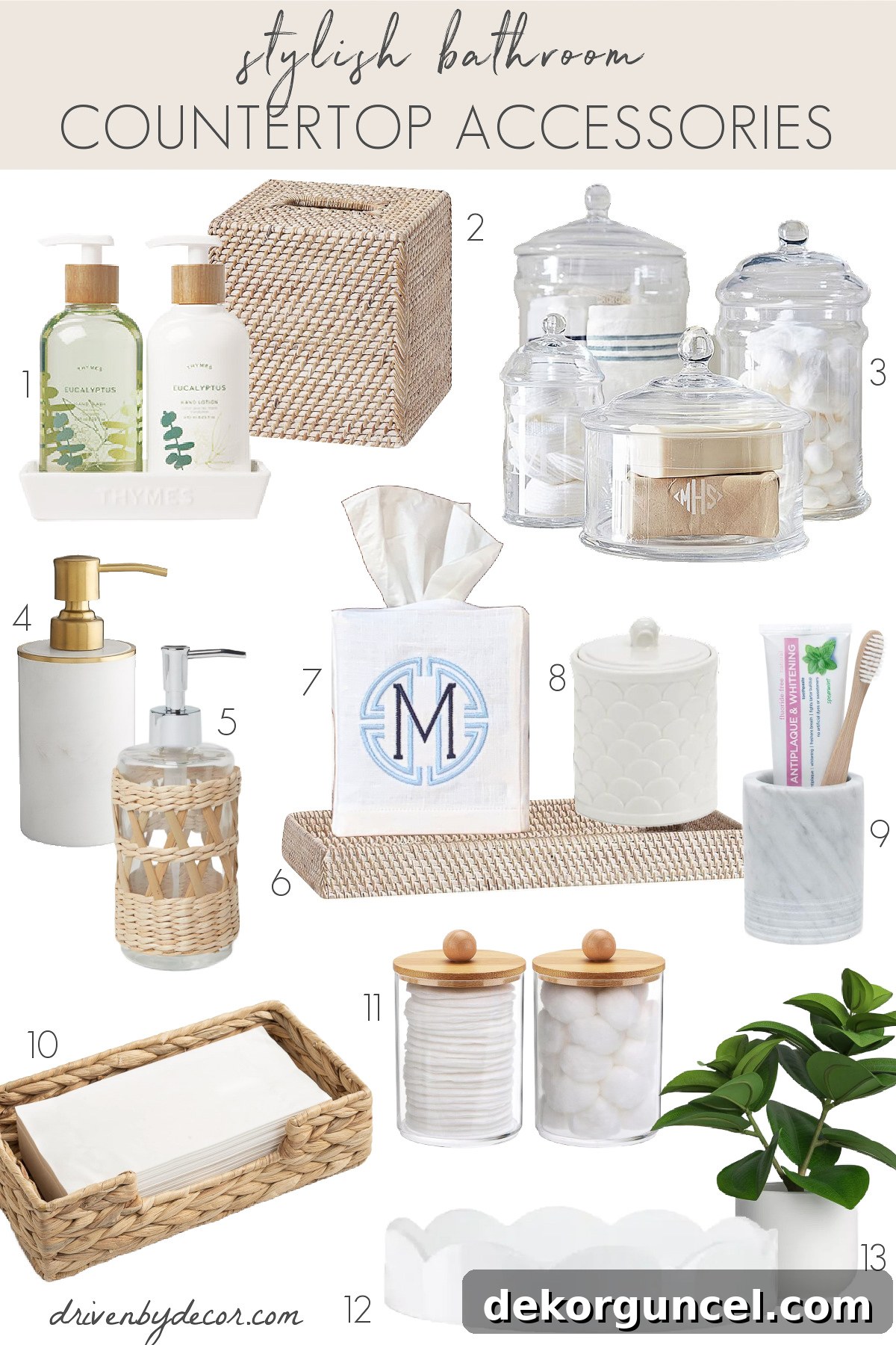 Effortless Bathroom Style for an Instant Update 8 Collection of stylish bathroom decor ideas for countertops, including soap pumps, tissue boxes, and trays