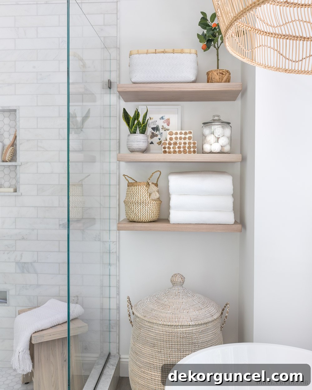 Effortless Bathroom Style for an Instant Update 9 Floating wood shelves serving as stylish and functional bathroom storage