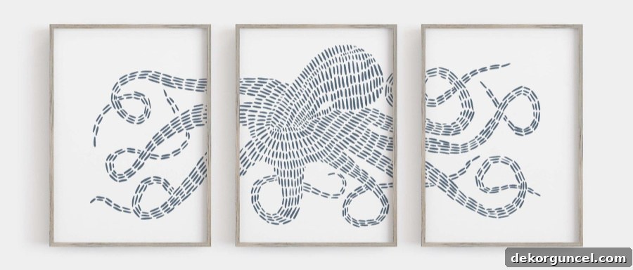 A unique three-piece octopus art series, perfect for a coastal-themed living room wall.