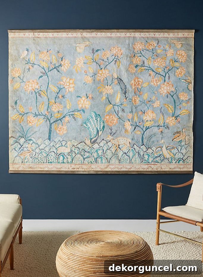 A vibrant and large colorful tapestry, perfect for adding a statement to a bare living room or bedroom wall.