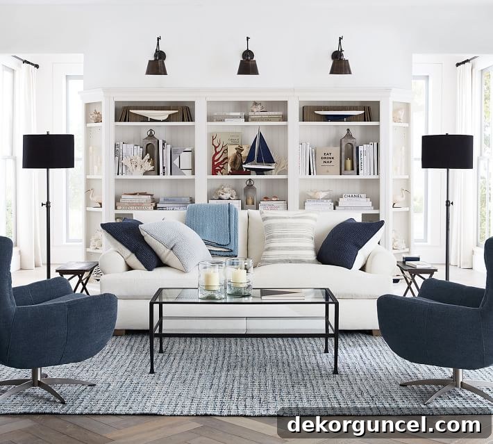 A stunning large white bookcase, offering both elegant living room wall decor and practical storage.