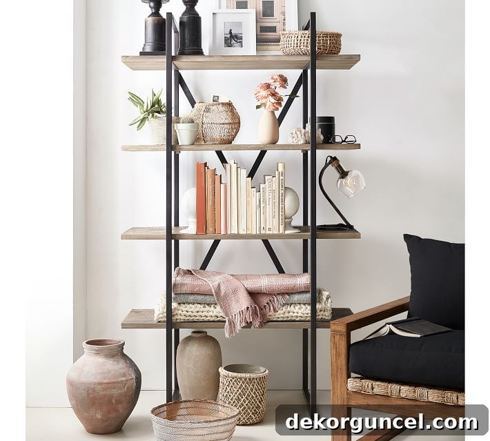 Beautiful open bookcases, a versatile choice for living room wall decor, creating an elegant display space.
