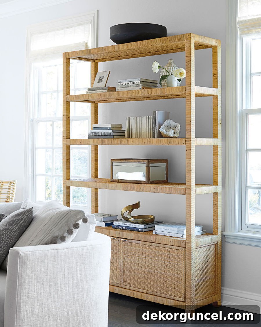 A stunning rattan bookcase, bringing natural texture and elegance to a bare living room wall.