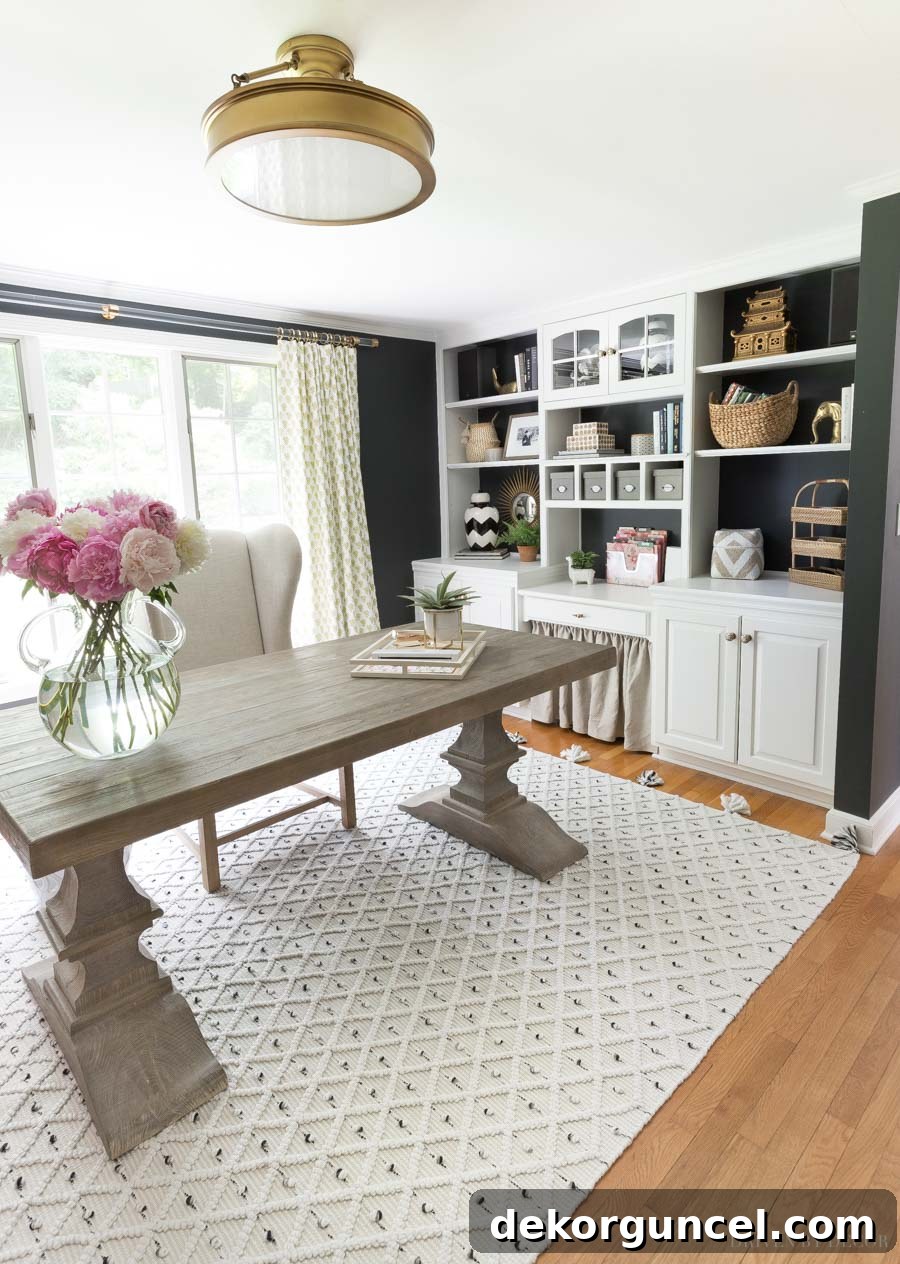Well-decorated home office with a comfortable flatweave rug and styled shelves