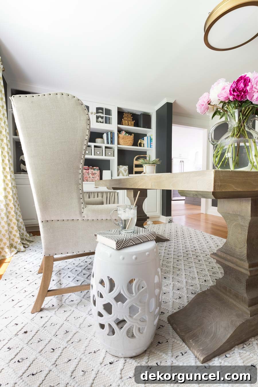 Elegant garden stool as a side table for drinks in a home office or outdoors