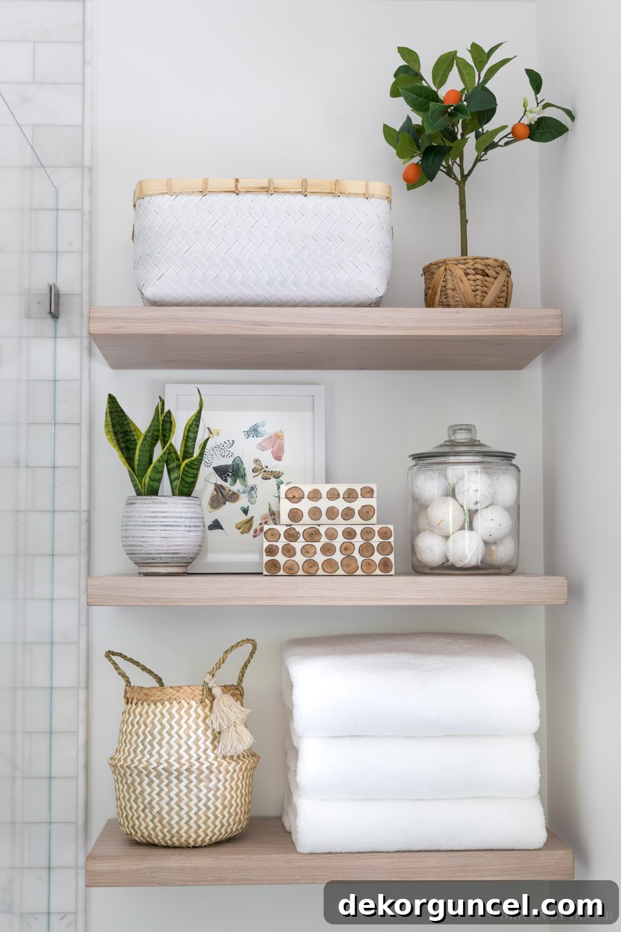 Detail of the floating wood shelves, highlighting their versatile design and finish options