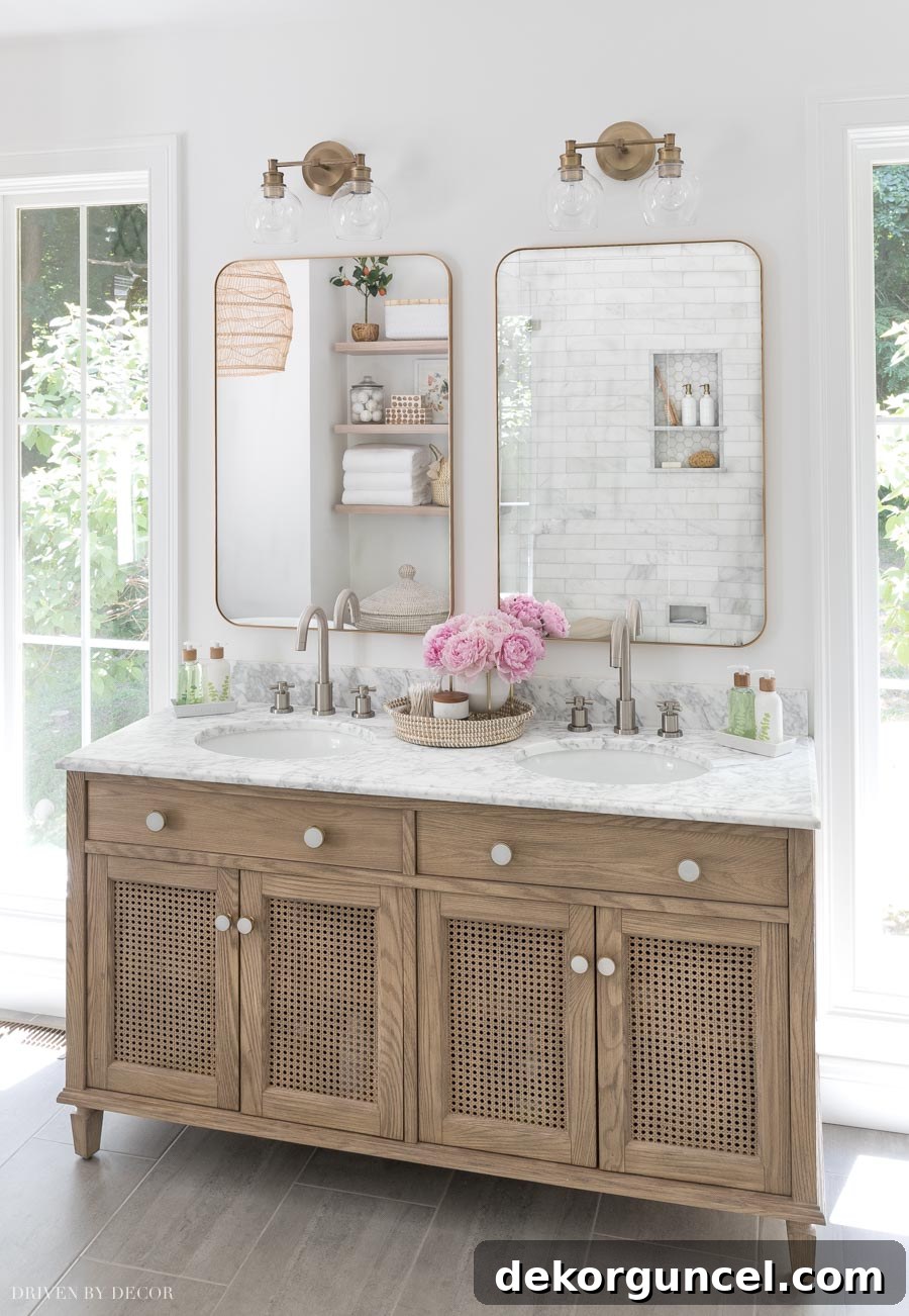 Gorgeous weathered wood double vanity with unique caned doors, a focal point in the master bathroom