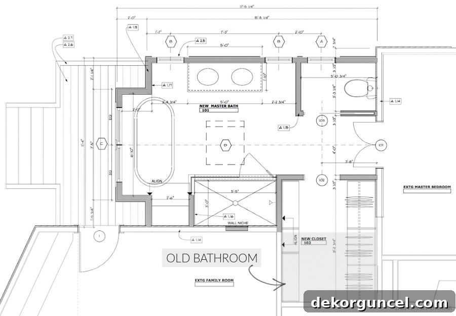 Floor plan / layout of our new master bathroom, illustrating the significant size increase and new configuration