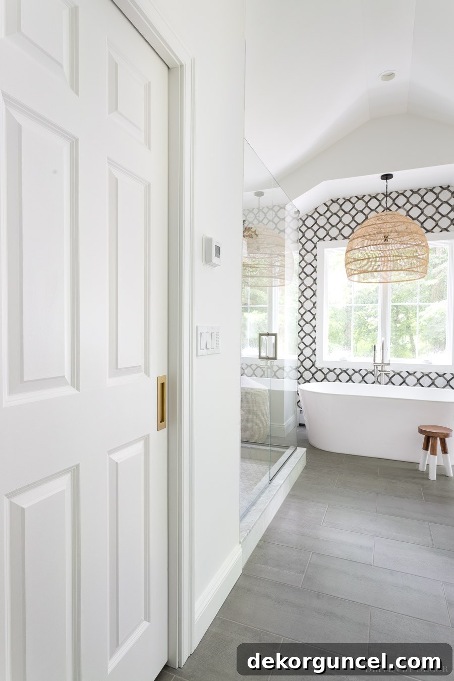 A stylish pocket door leading to our spacious master closet, adjacent to the master bathroom