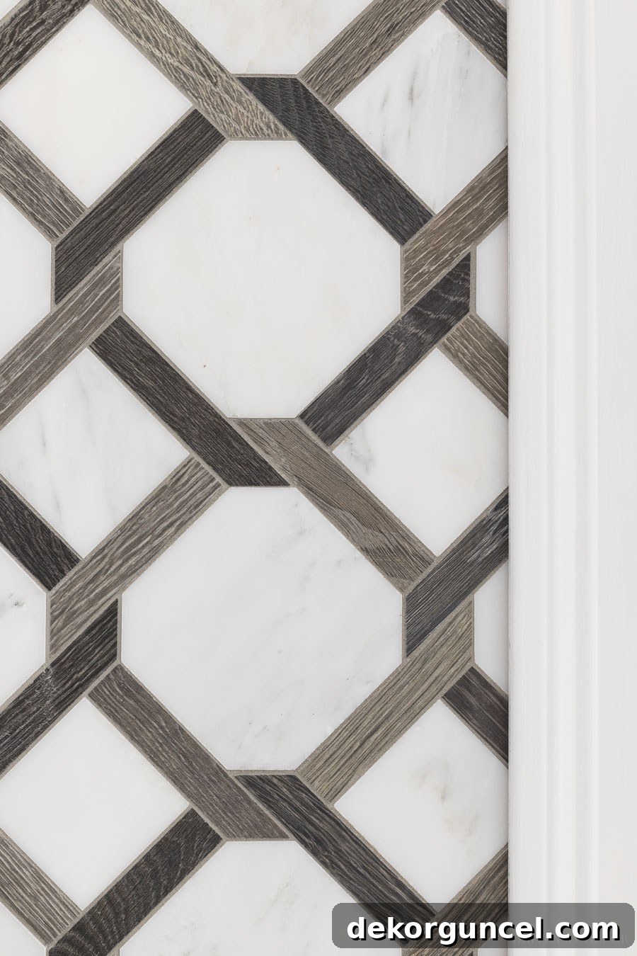 Close-up of the beautiful Rattan tile from Walker Zanger, a mix of porcelain and marble