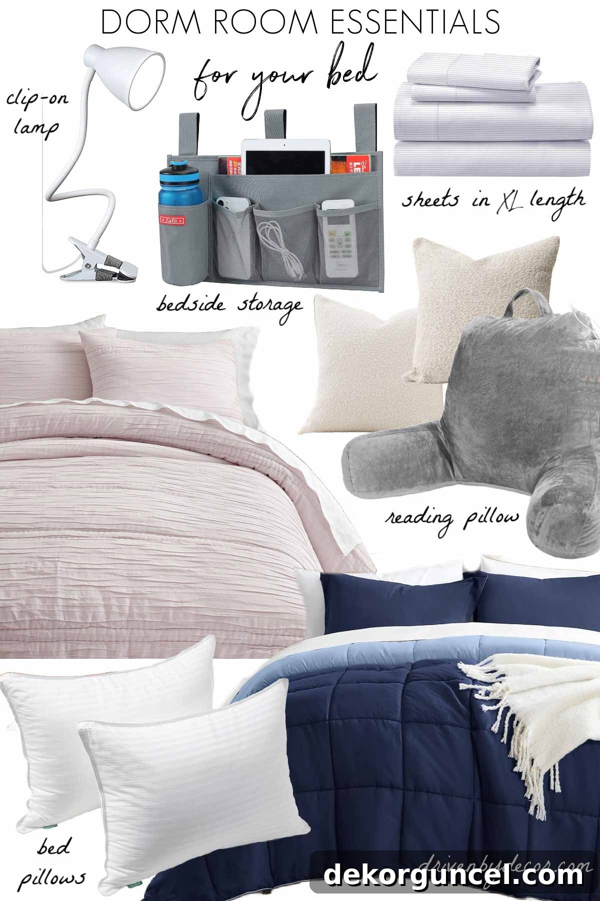 Dorm Room Essentials The Complete Guide 2 Essential items for a comfortable and organized dorm room bed setup, including bedding, a clip-on lamp, and bedside storage.