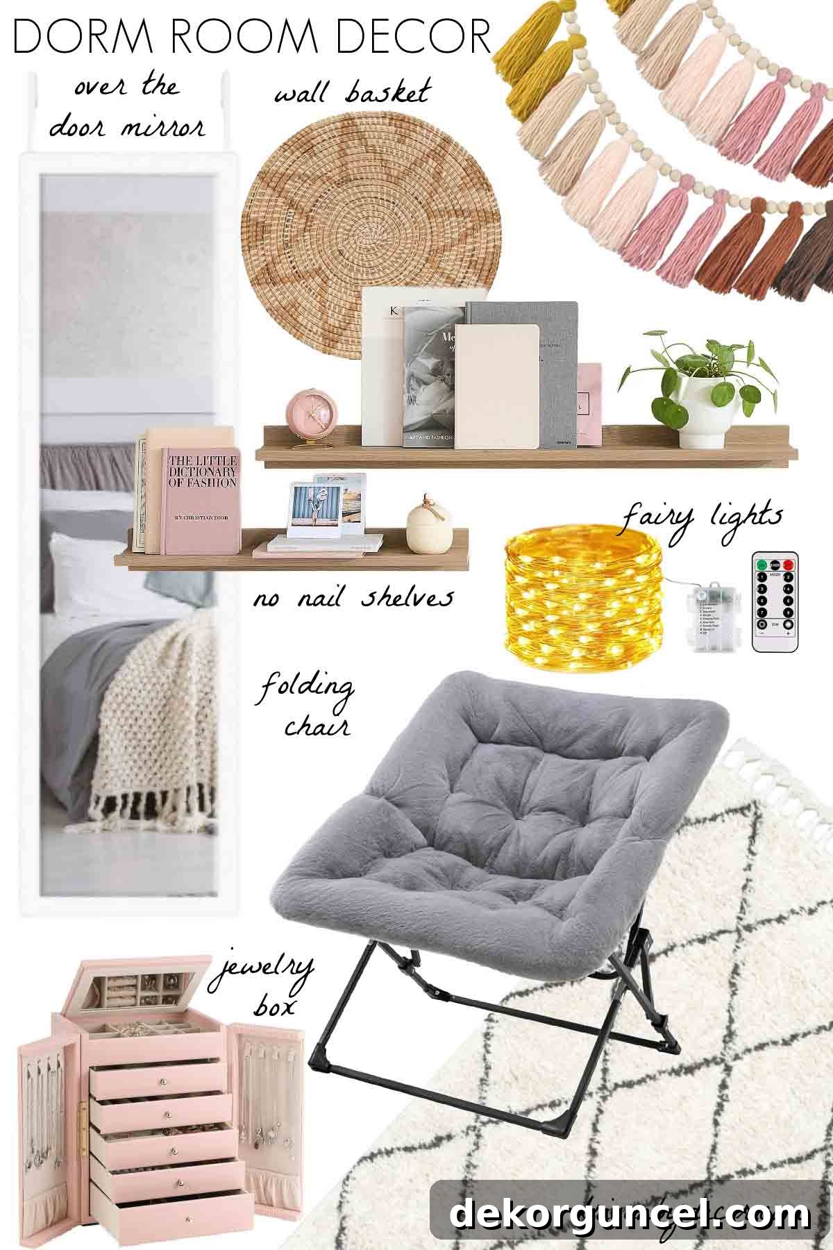 Dorm Room Essentials The Complete Guide 11 Collection of stylish dorm room decor items including a mirror, wall basket, garland, and fairy lights.