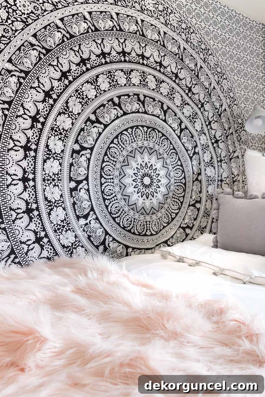 Dorm Room Essentials The Complete Guide 13 A stunning black and white tapestry serving as a focal point in a girl's dorm room, adding significant aesthetic appeal.
