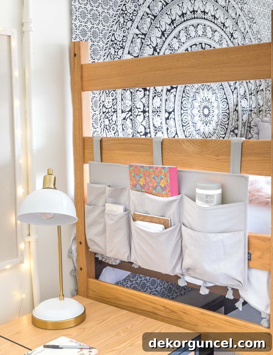 Dorm Room Essentials The Complete Guide 4 A clever bedside storage caddy attached to a lofted dorm bed, keeping essentials within easy reach and desks clutter-free.