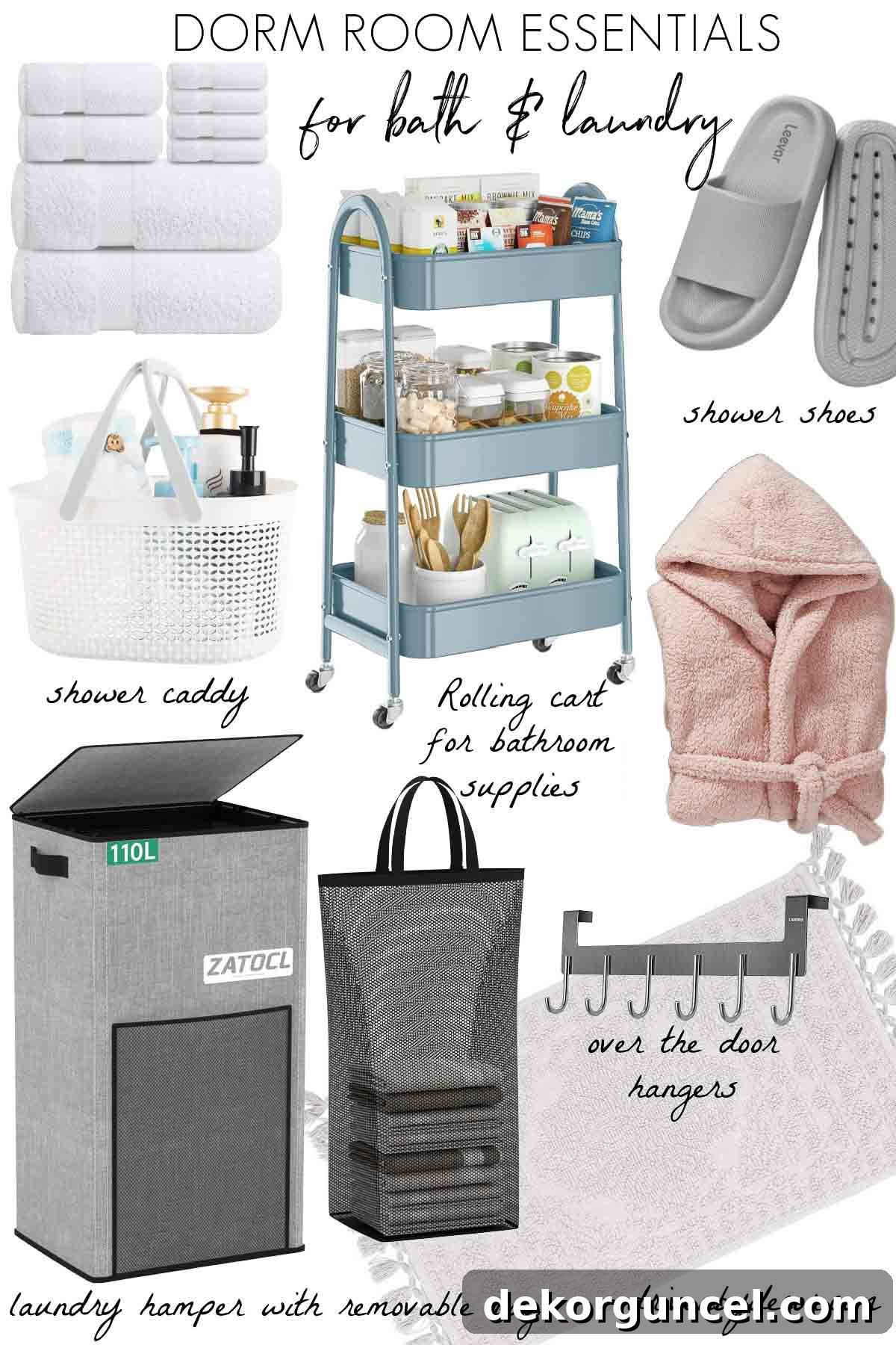 Dorm Room Essentials The Complete Guide 6 Selection of dorm room bath and laundry essentials including towels, a shower caddy, shower shoes, and a laundry hamper.