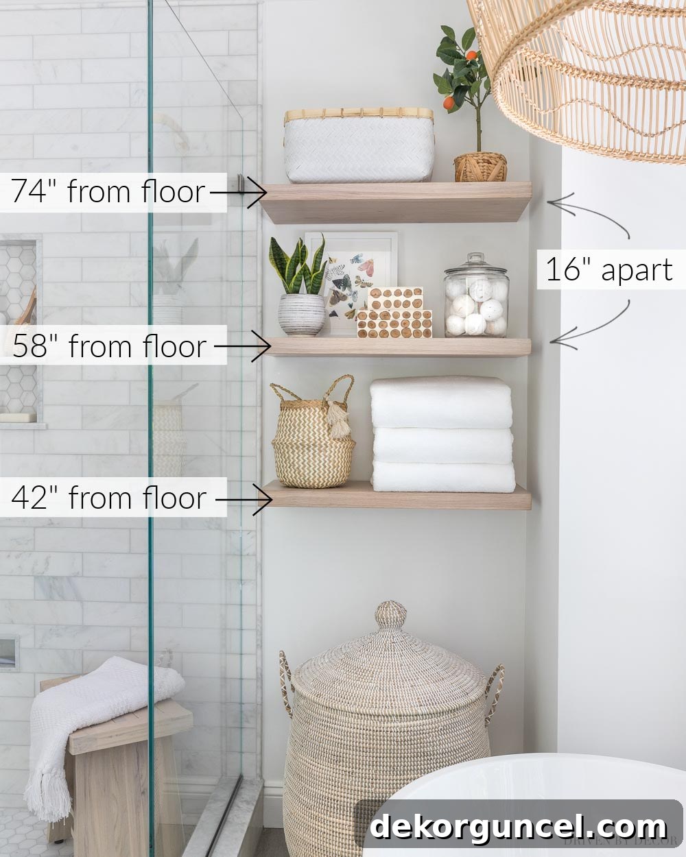 Visual guide detailing the precise distance and spacing between our floating wood shelves in the bathroom.