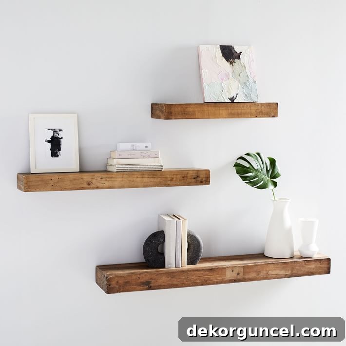Elegant reclaimed wood floating shelves, offered in a selection of three convenient length options.