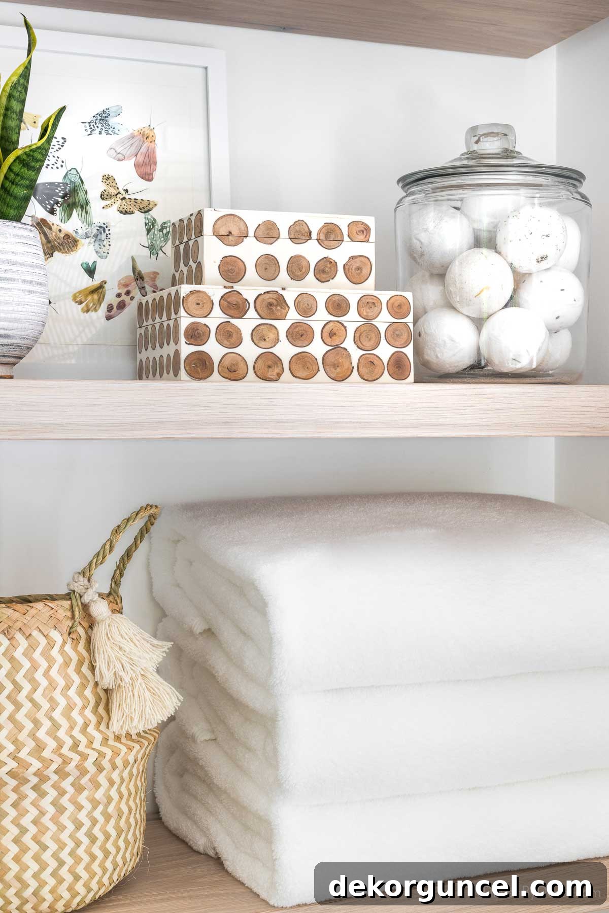 Bath bombs in a glass jar on bathroom shelves