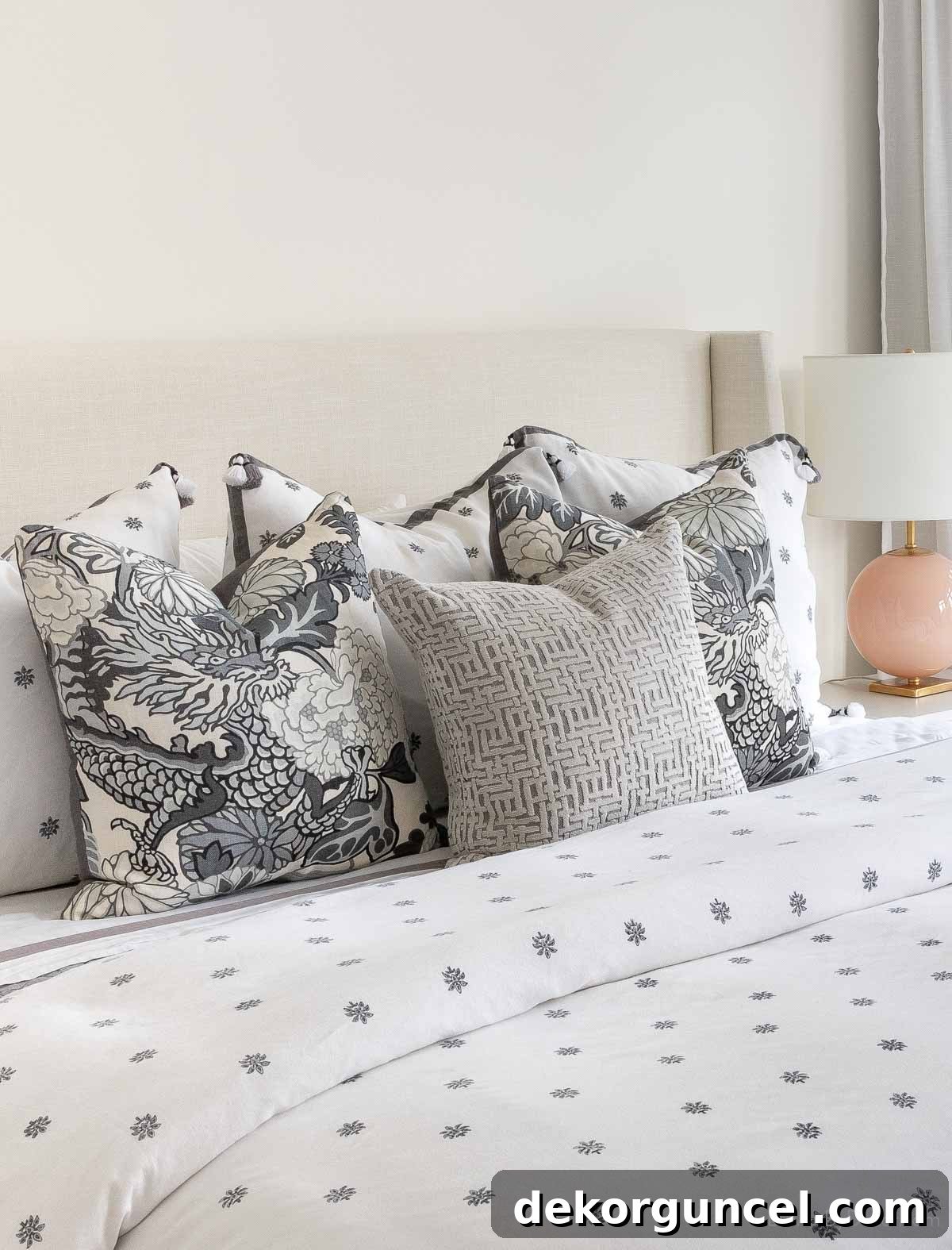 Gray and white dragon pillows from Etsy on bed