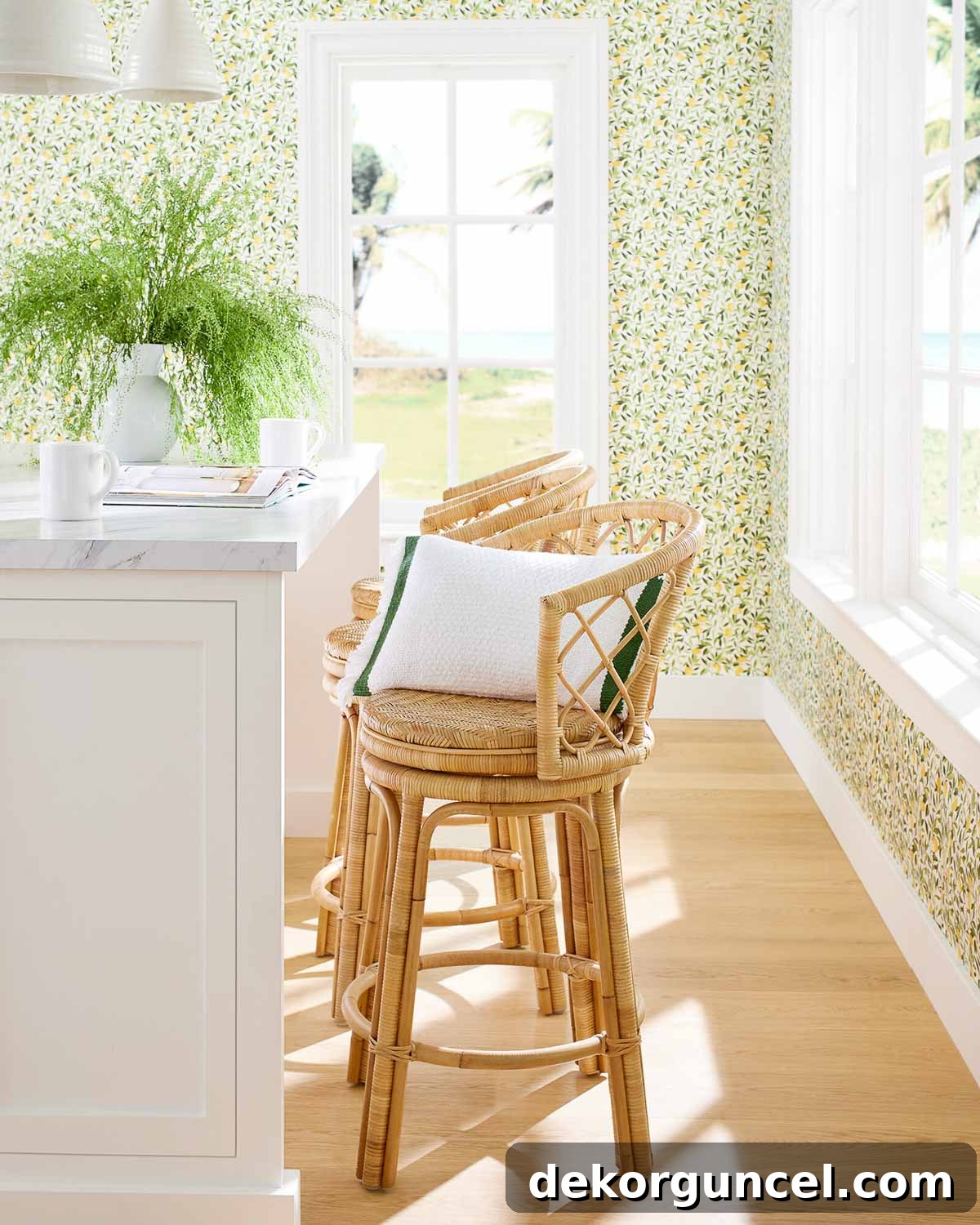 Lemon wallpaper brings a refreshing vibe to this stylish kitchen.