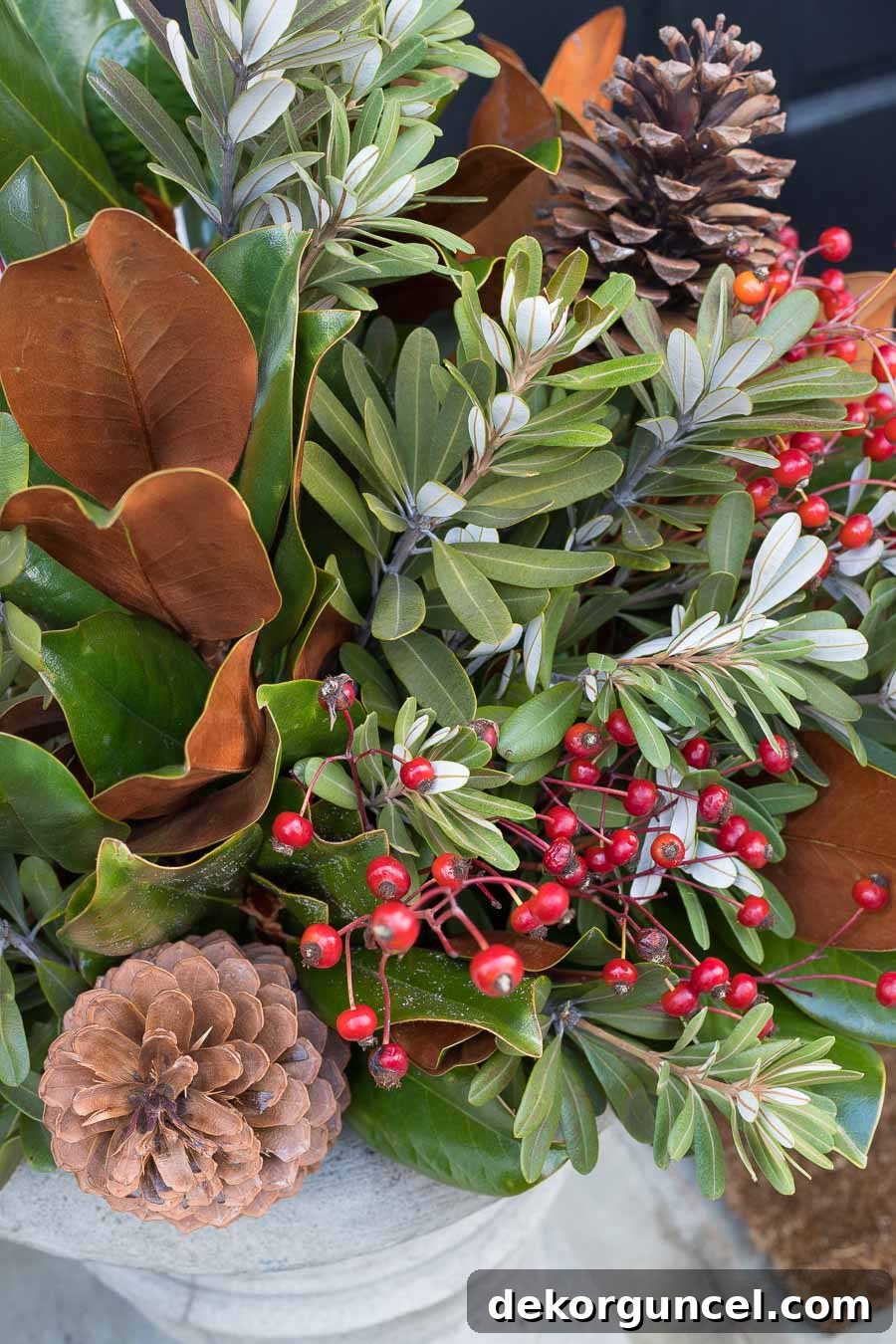 Love the mix of magnolia branches, greenery, rose hips, and pinecones in these holiday planters!