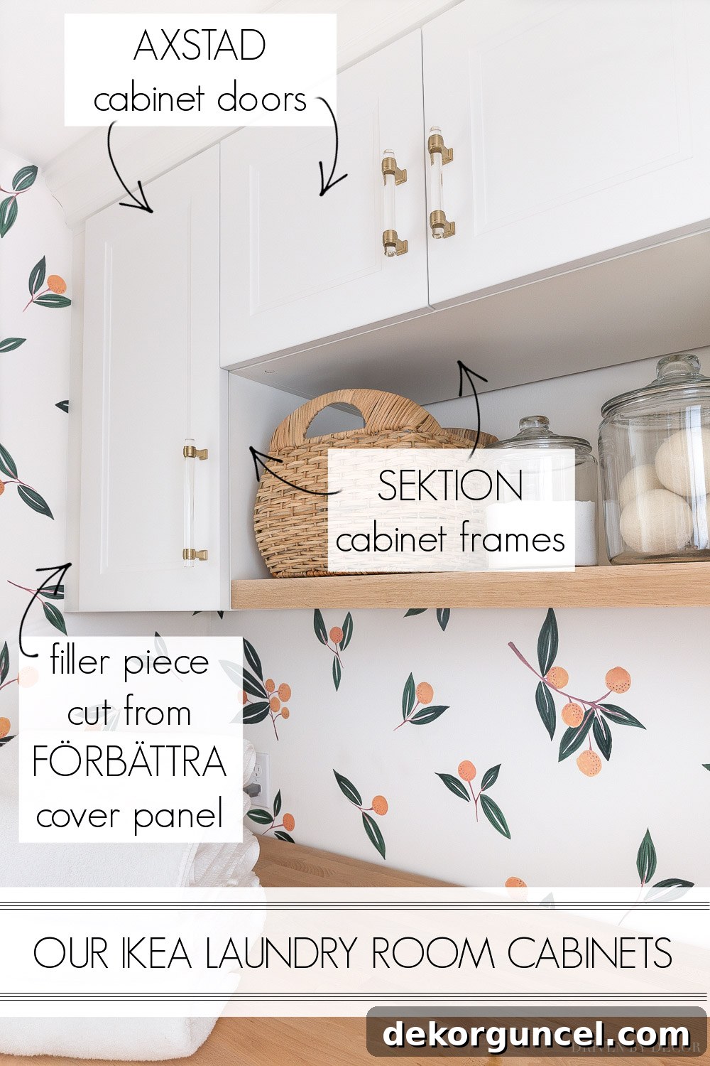 IKEA laundry room storage solutions with Sektion cabinets, Axstad doors, and a butcher block countertop, enhanced with filler panels and crown molding for a custom, built-in appearance.