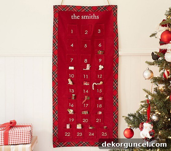 Red velvet advent calendar with festive plaid surround for elegant holiday decor