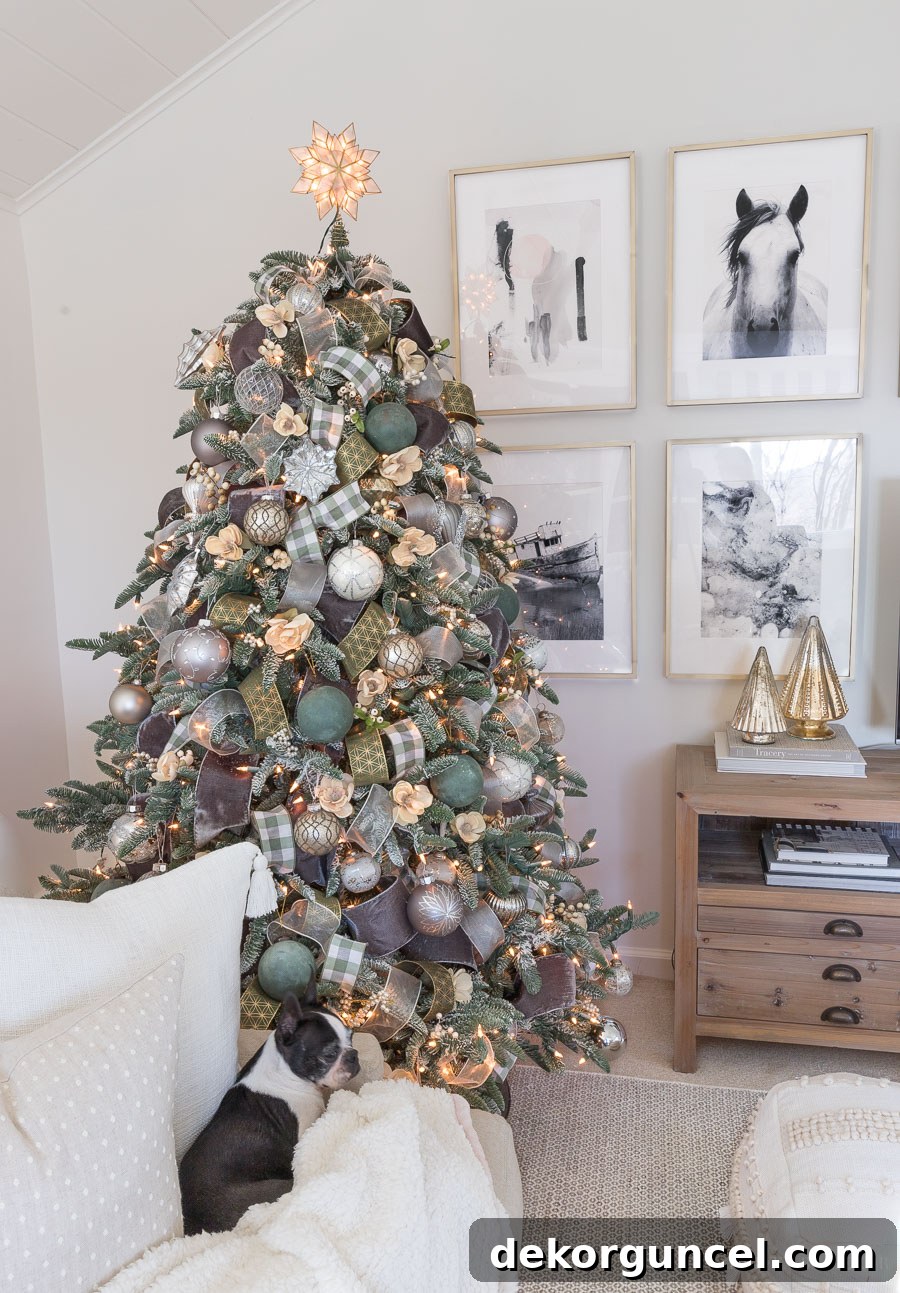 How to Perfectly Flock a Christmas Tree 13 A stunning, newly flocked Christmas tree, elegantly decorated and positioned in a cozy family room, creating a festive and inviting atmosphere that everyone, including pets, can enjoy.