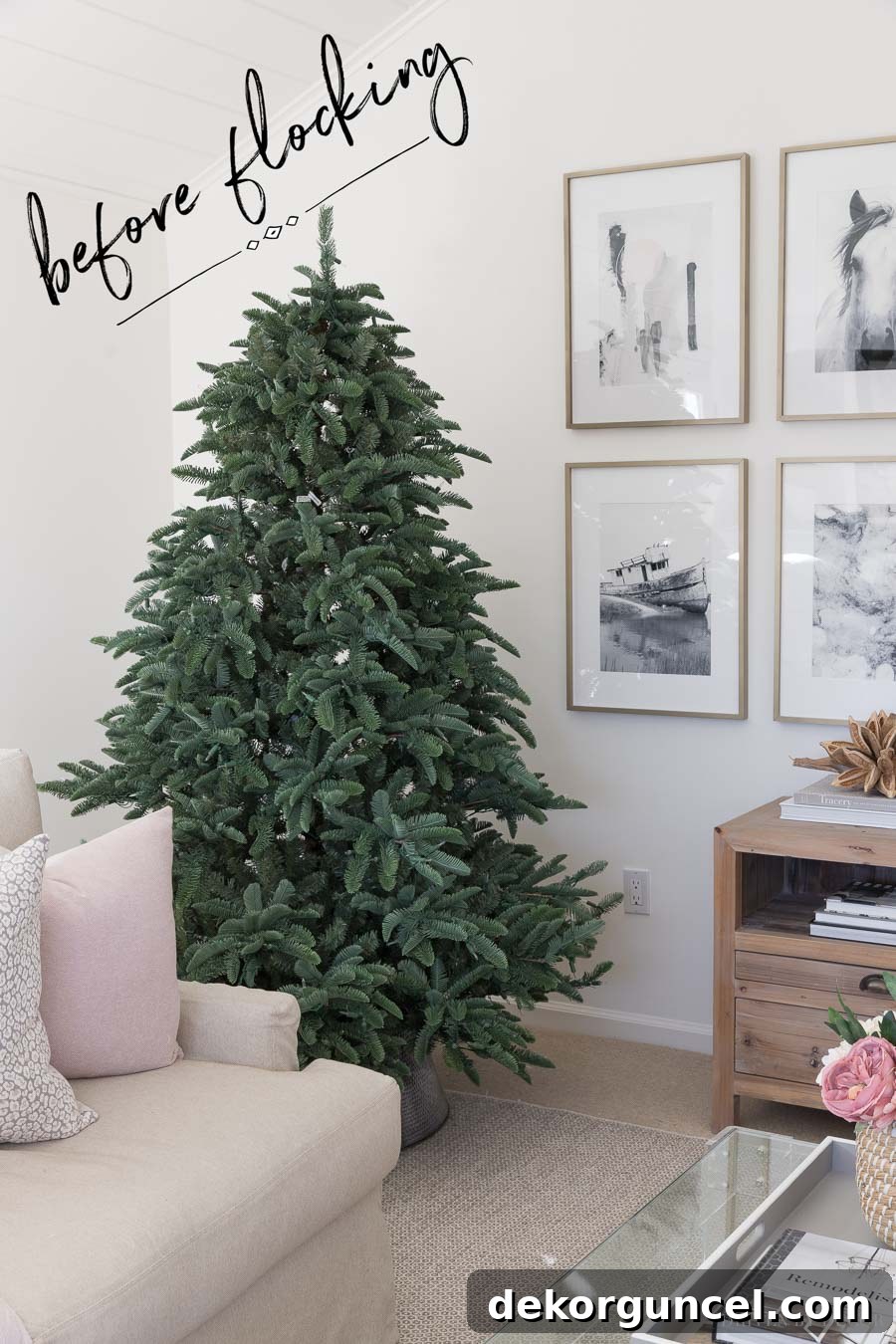 How to Perfectly Flock a Christmas Tree 3 Our elegant Christmas tree, fully assembled and meticulously fluffed, awaiting its stunning DIY flocking transformation. This step-by-step guide shows you exactly how to achieve this festive look.
