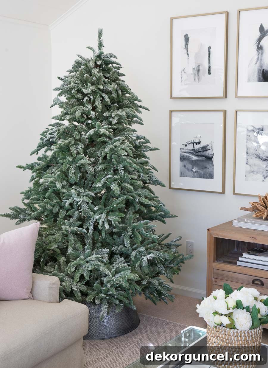 How to Perfectly Flock a Christmas Tree 9 Our stunning Christmas tree immediately after the flocking process, showcasing a beautiful and natural layer of faux snow, ready for festive decorations.