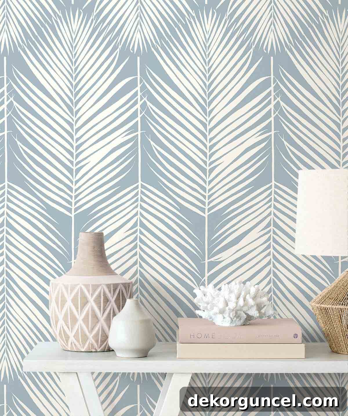 Light blue palm print wallpaper for a serene accent wall