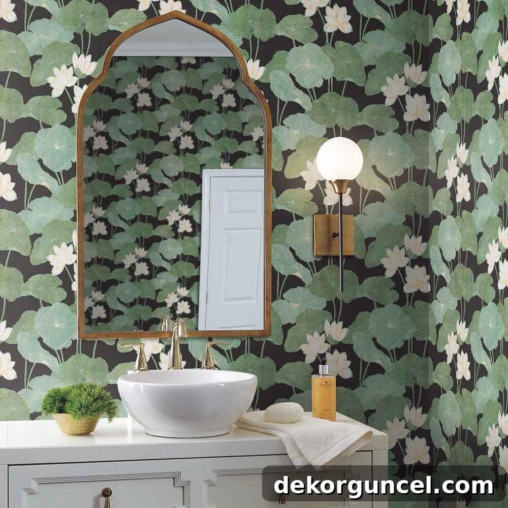 Playful lily pad wallpaper in a modern bathroom
