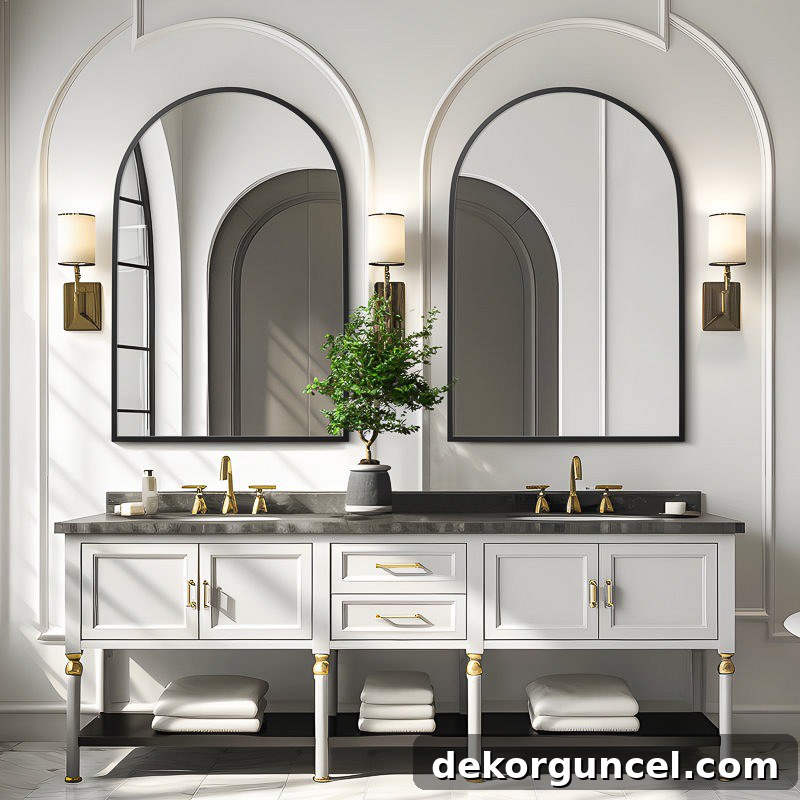 Black arched mirrors over sinks in a modern bathroom