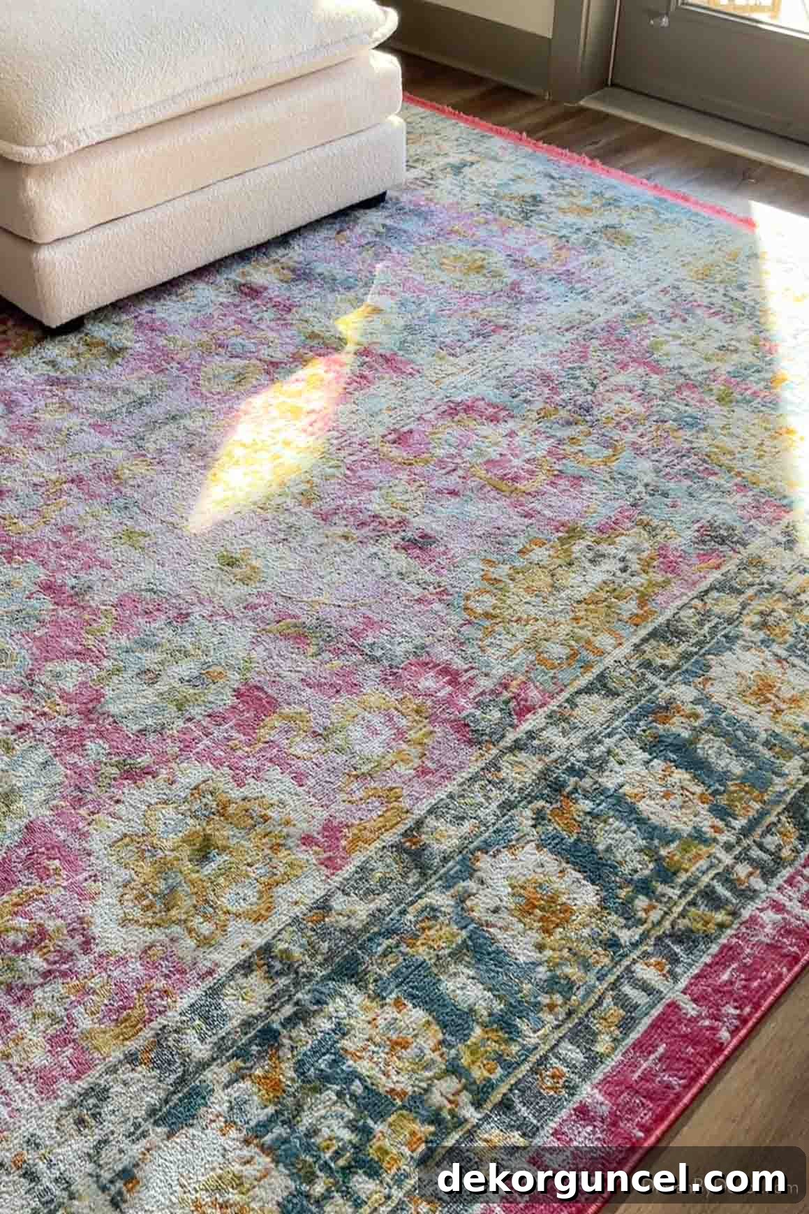 Colorful patterned rug adding vibrancy to an apartment living room