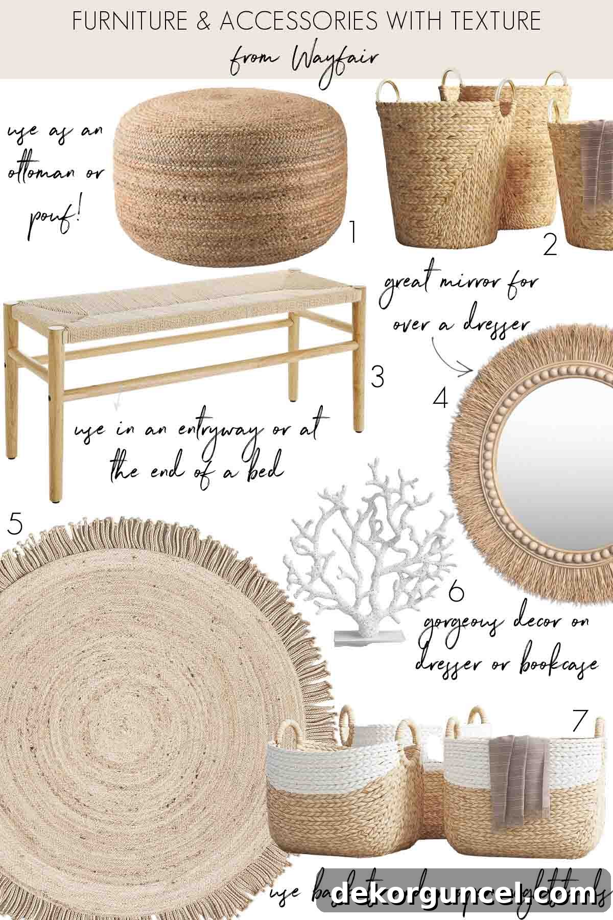 Collection of furniture and accessories featuring rich textures