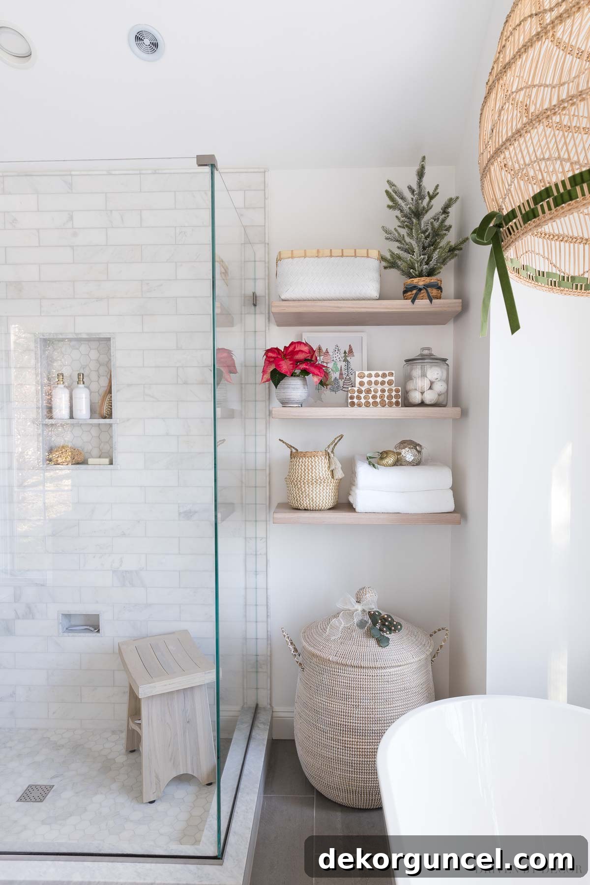Gorgeous floating shelves enhancing the master bathroom's aesthetic. A brilliant idea for any master bathroom remodel, combining style and functionality.