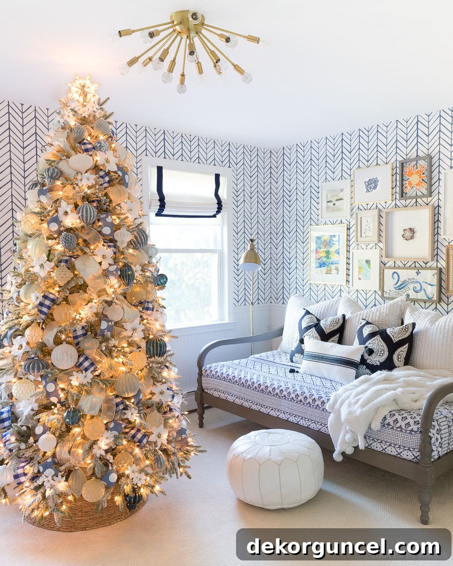 Our elegant Christmas tree, adorned with charming blue and white ribbons and carefully selected ornaments, creating a serene holiday display.