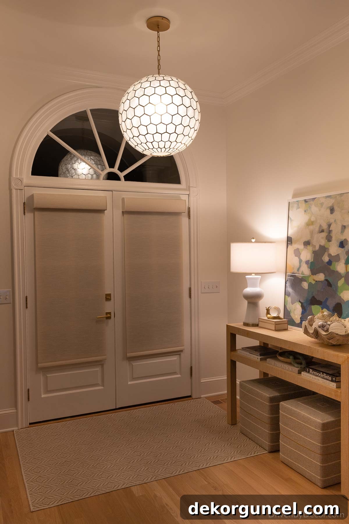 Our Serena Shades provide essential privacy on our front doors at night, maintaining elegance