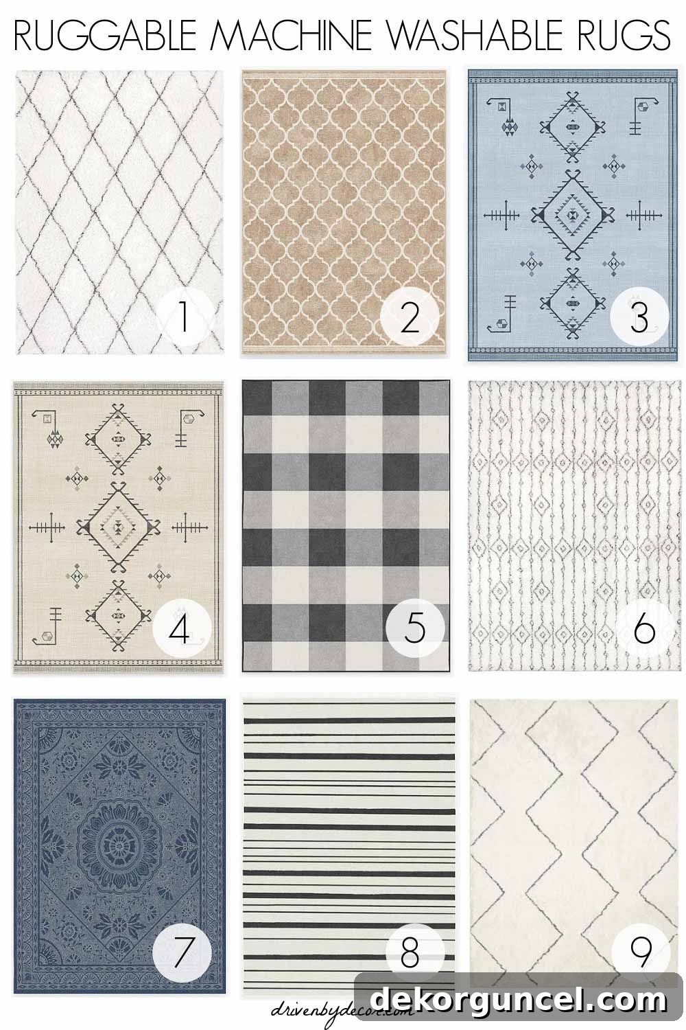 Top Ruggable machine washable rugs for 2021 home decor trends, featuring diverse patterns like Moroccan Diamond, Terali Natural Clay, and Buffalo Plaid.
