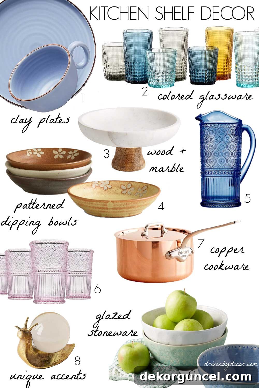 Kitchen shelf decor trends for 2021: showcasing vibrant colored glassware, artisanal clay plates, and elegant copper cookware for a curated and stylish 'shelfie'.