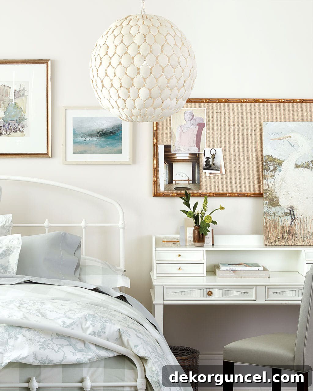A key 2021 design trend: this versatile desk doubles as a nightstand, exemplifying the demand for double duty decor in modern homes.