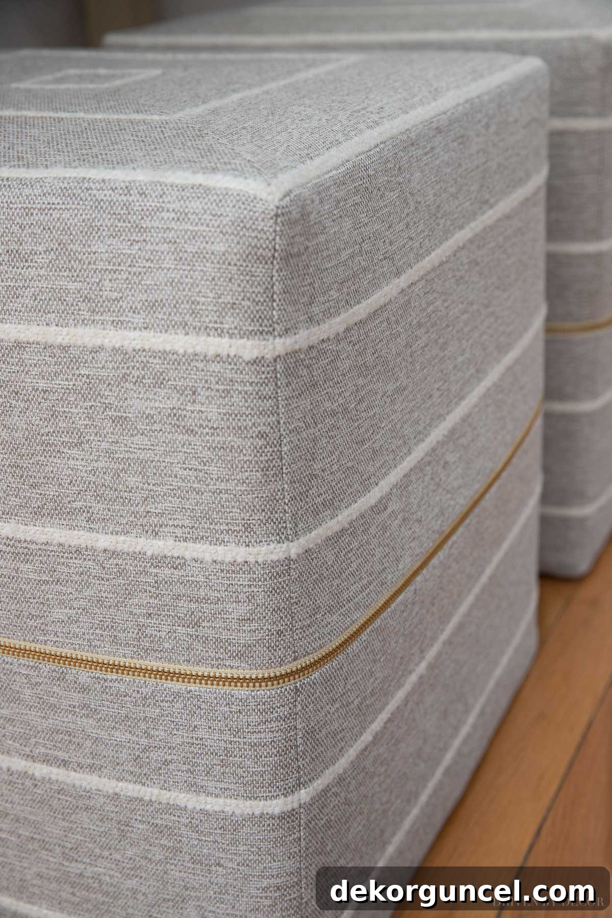 Entryway Transformation Before and After Decor Ideas 11 Love the gorgeous brass zippers on these cube ottomans!