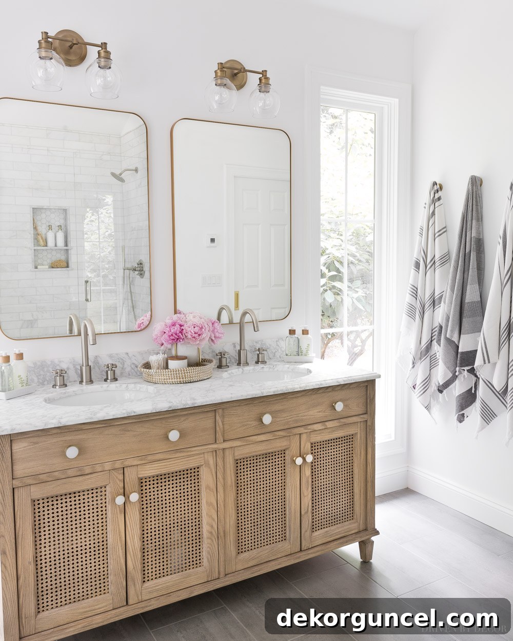 Beautiful marble vanity top in a master bathroom, featuring double sinks and elegant fixtures.