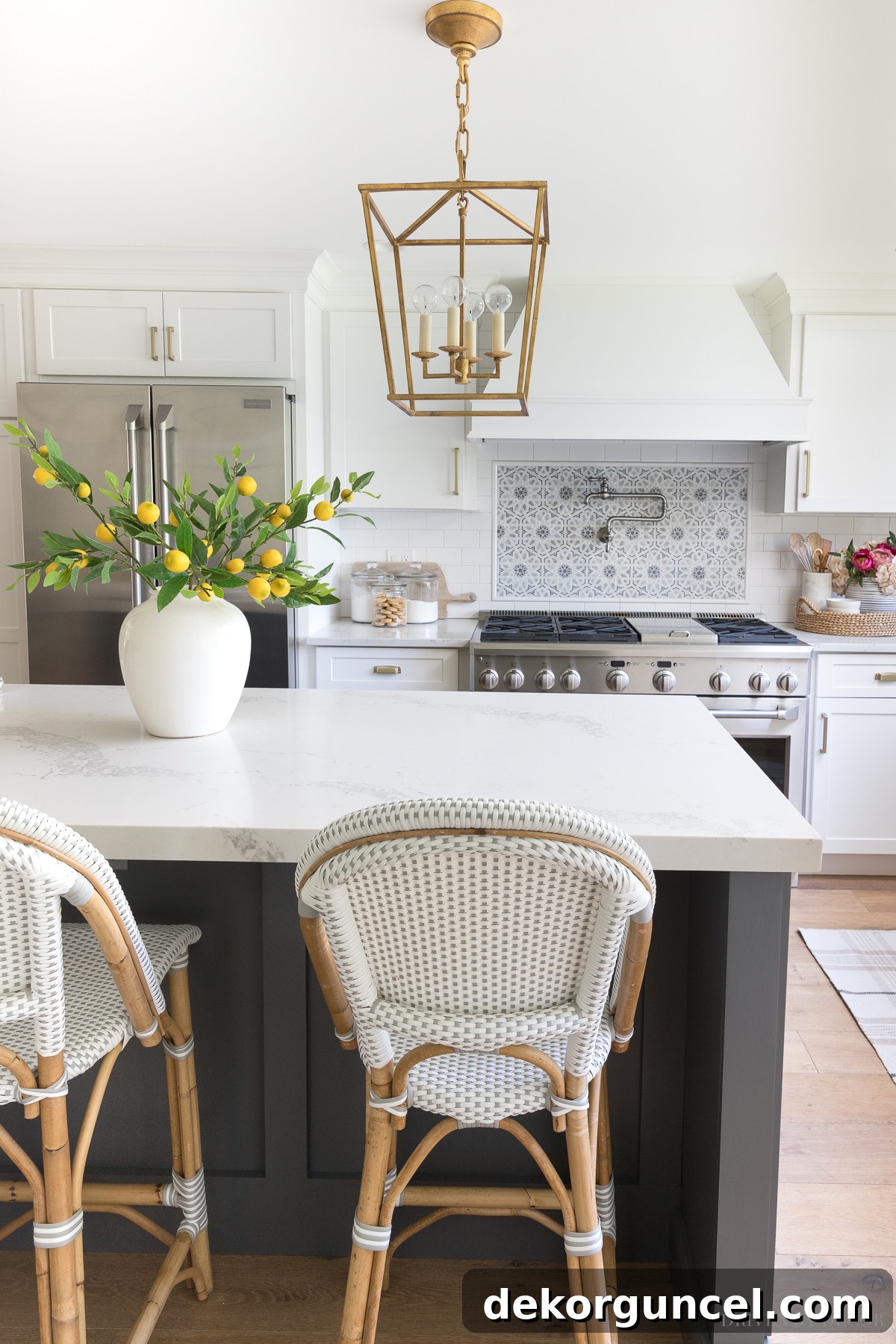 The Most Realistic Faux Flowers 19 Close-up of vibrant and cheerful artificial lemon branches, perfectly fluffed and arranged to add a bright, natural, and inviting touch to a kitchen island, enhancing the room's atmosphere.
