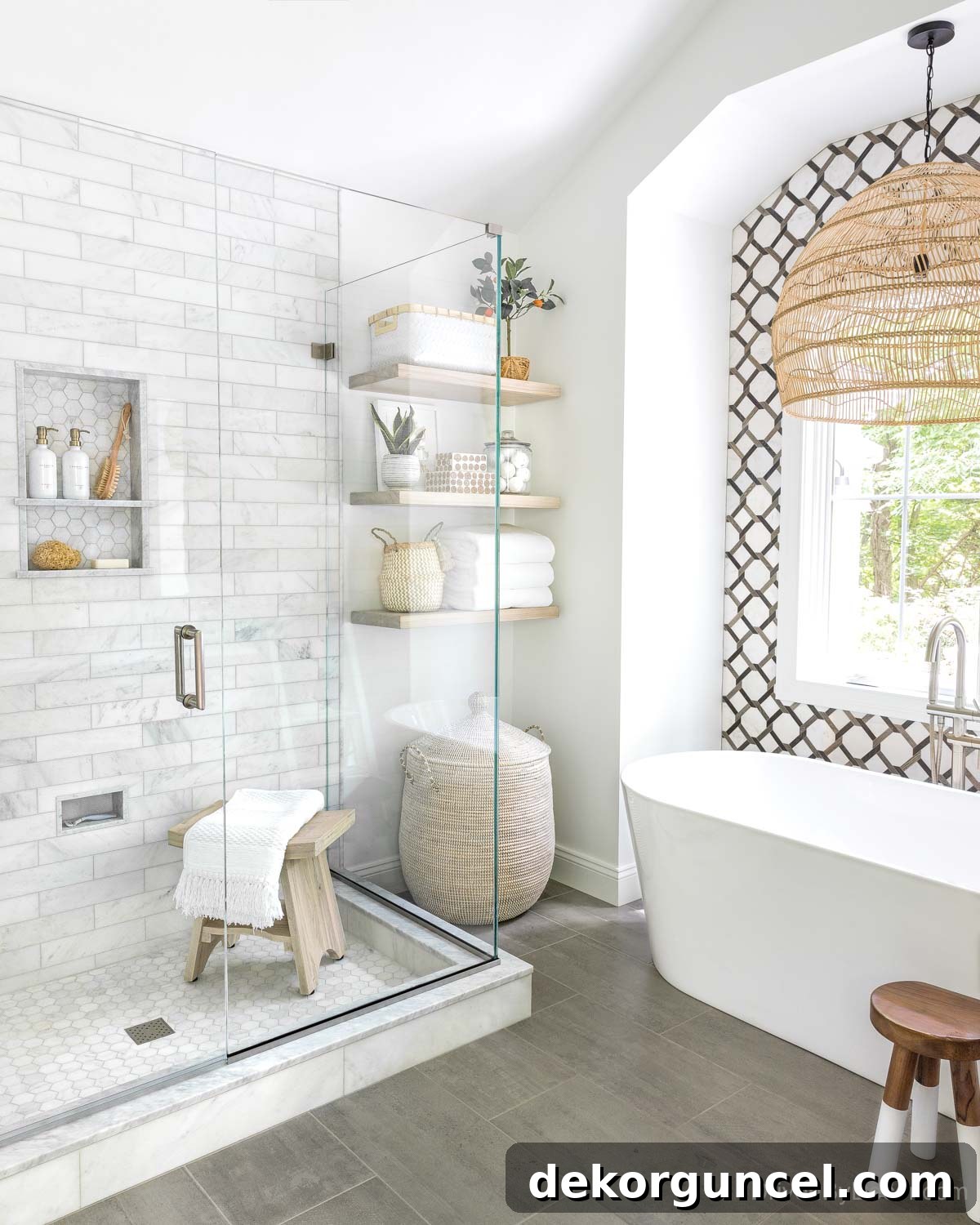 Master bathroom after remodeling, showing elegant floating shelves next to the shower