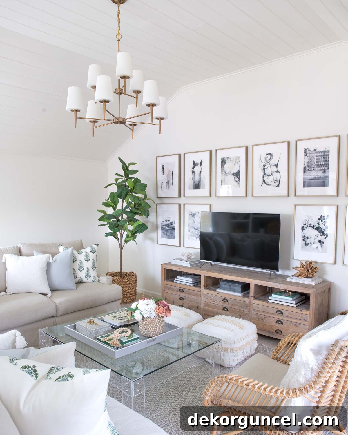 Family room after remodeling, featuring a dramatic two-tier chandelier and refreshed decor