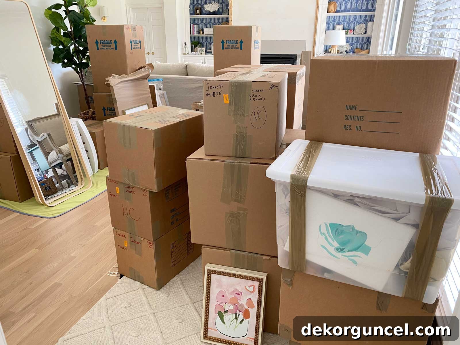 A mountain of moving boxes awaiting their new homes in North Carolina.