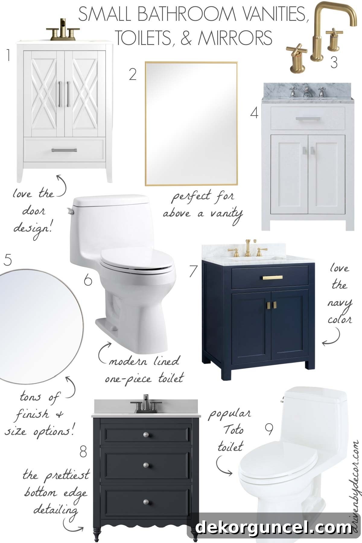 A collection of perfect bathroom upgrades: stylish vanities, elegant mirrors, and modern toilets.
